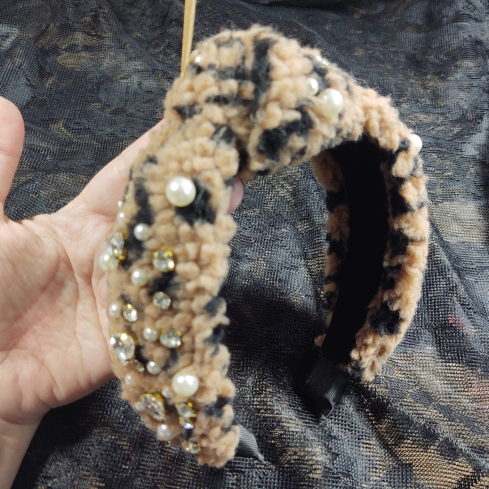 Bejeweled Hair Band Leopard Rhinestone Pearl Simply Southern Tan Black